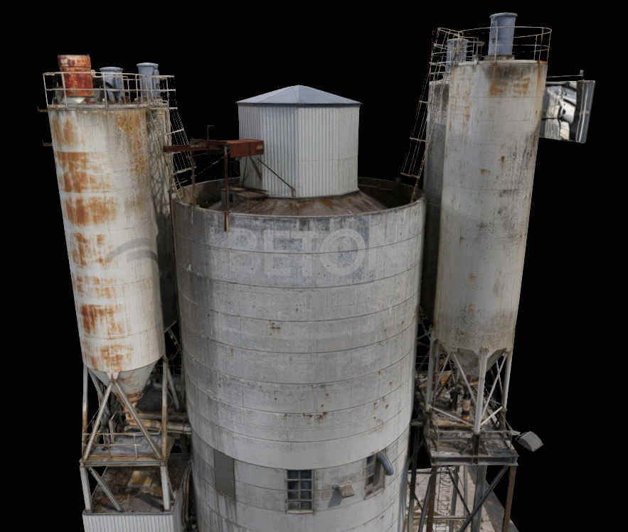 Concrete Factory-demo met betonnen silo’s en stalen bordessen